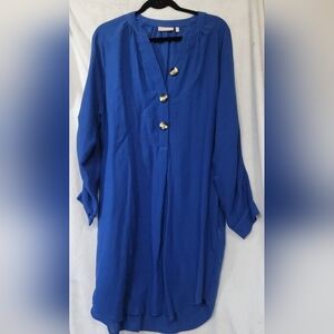 Soft Surroundings Souk Dress Ocean Blue Ruched Sleeve Henley Tunic Dress Large